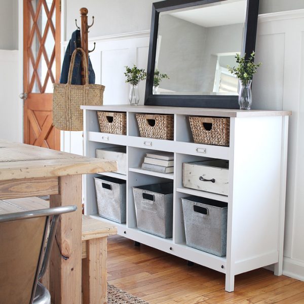 A simple storage credenza turns into functional entryway storage AND a dining room buffet. See more photos at LoveGrowsWild.com