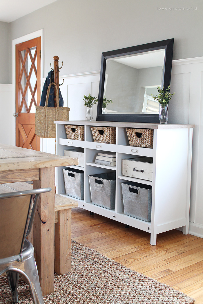 A simple storage credenza turns into functional entryway storage AND a dining room buffet. See more photos at LoveGrowsWild.com