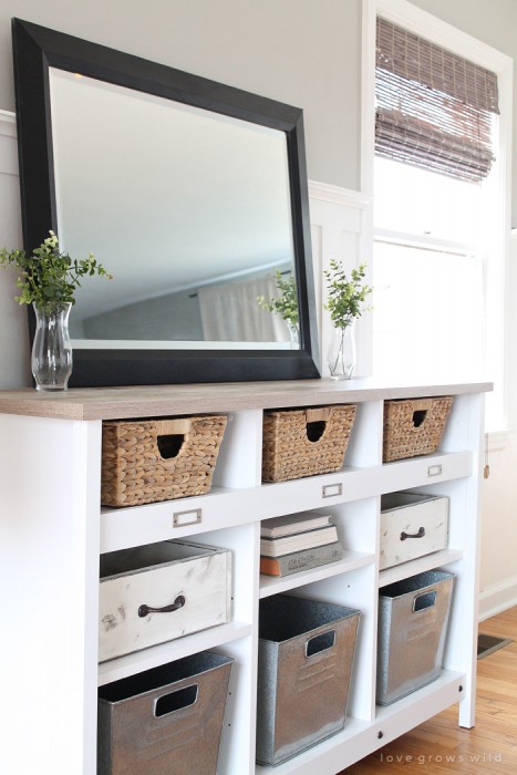 A simple storage credenza turns into functional entryway storage AND a dining room buffet. See more photos at LoveGrowsWild.com