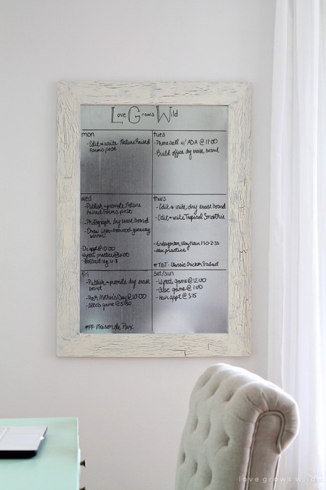 Get organized with this DIY Framed Dry Erase Board! It's simple to make and magnetic too! Get the full tutorial at LoveGrowsWild.com