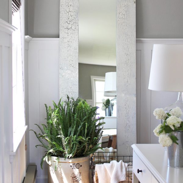 Turn a boring, basic mirror into a gorgeous wood framed floor mirror that will bounce light all throughout the room! Get the tutorial at LoveGrowsWild.com
