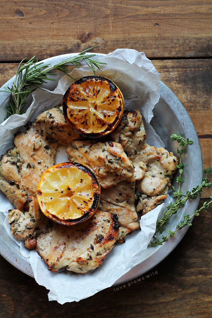 The only grilled chicken recipe you will ever need! Whip up this quick marinade of garlic, lemon, and fresh herbs and get ready to enjoy delicious, flavorful chicken hot off the grill! Click for recipe at LoveGrowsWild.com