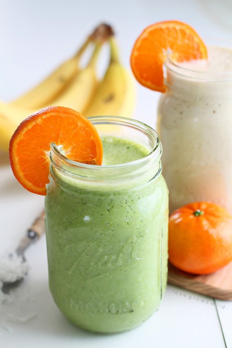 Start your day with a delicious Tropical Smoothie made with orange, banana, pineapple, and coconut! This recipe can be two ways: plain or green (with spinach)! Click to see more at LoveGrowsWild.com