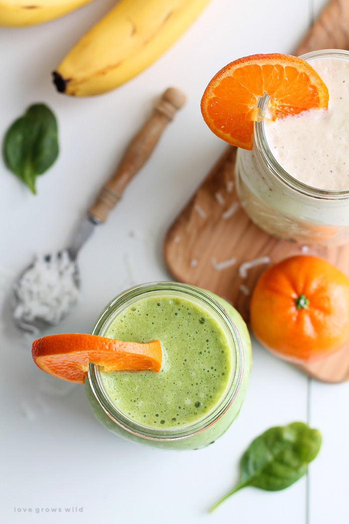 Start your day with a delicious Tropical Smoothie made with orange, banana, pineapple, and coconut! This recipe can be made two ways: plain or green (with spinach)! Click to see more at LoveGrowsWild.com