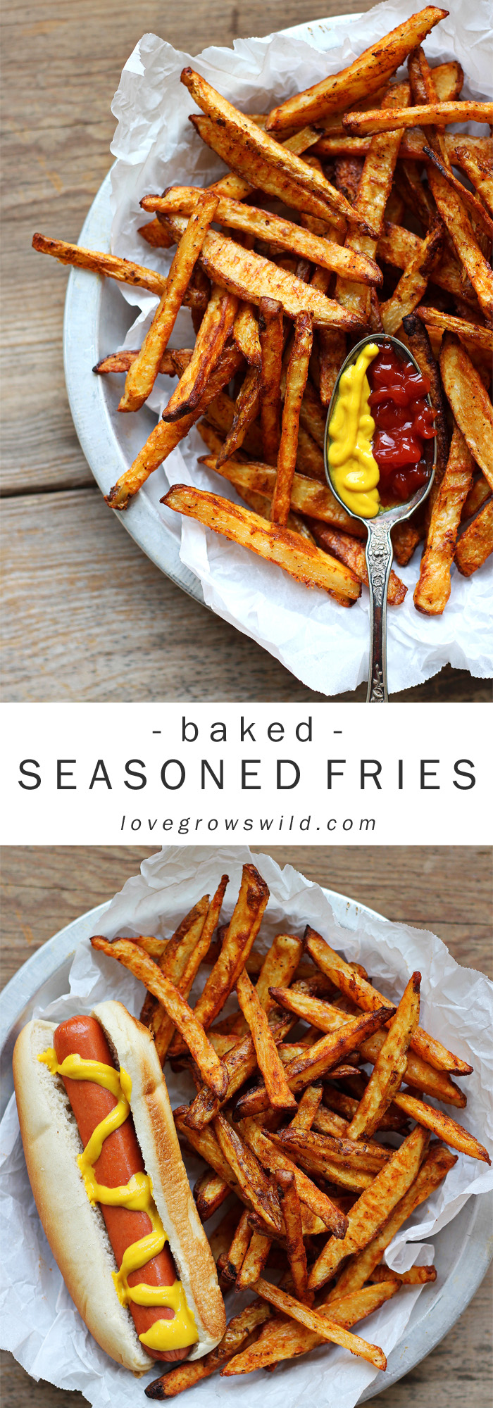 Delicious homemade fries - baked, not fried! - tossed in a spicy seasoning blend! The perfect side to hamburgers, hot dogs, and so much more. | LoveGrowsWild.com