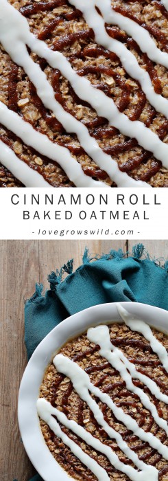 Delicious, easy baked oatmeal with a sweet cinnamon drizzle and cream cheese icing! Cinnamon roll perfection! Get the recipe at LoveGrowsWild.com