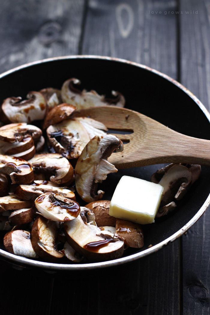 Juicy, meaty, mushroom burgers topped with swiss cheese and sautéed mushrooms - get the recipe at LoveGrowsWild.com