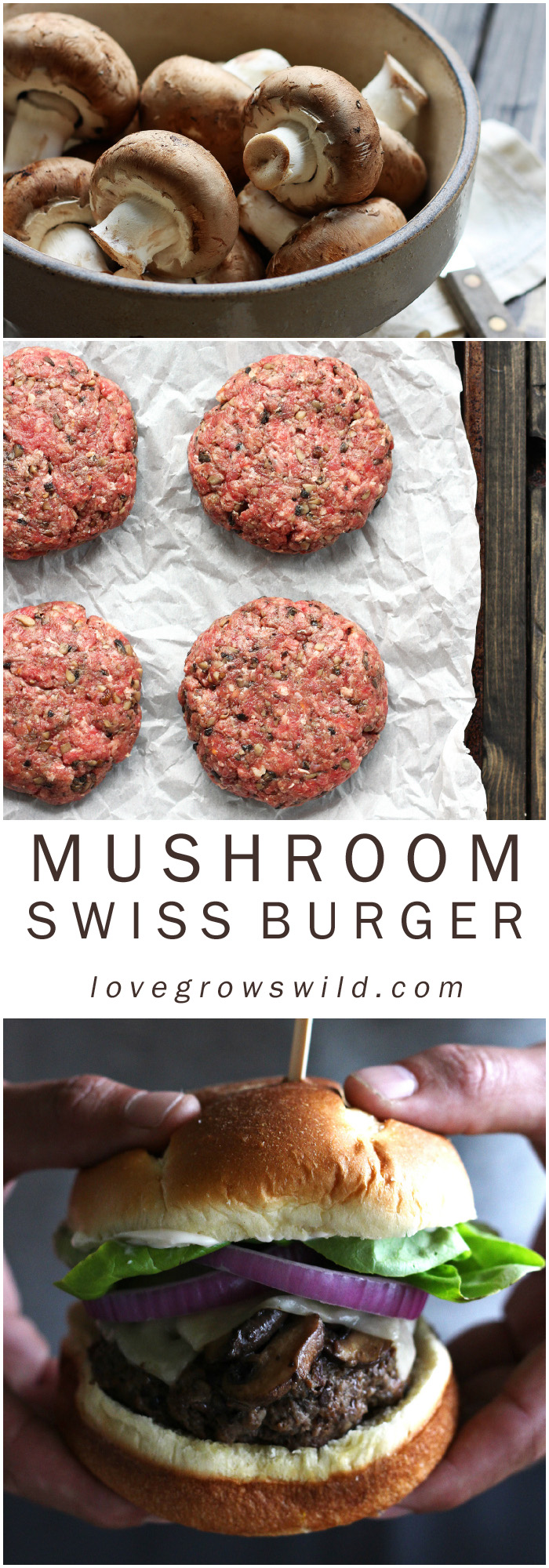 Juicy, meaty, mushroom burgers topped with swiss cheese and sautéed mushrooms - get the recipe at LoveGrowsWild.com