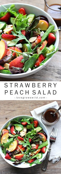 Try this fruity Strawberry Peach Salad for a fresh, fast, and healthy meal any time of day! Fresh greens topped with juicy peaches, ripe strawberries, cucumber, goat cheese, sliced almonds, and a yummy honey balsamic dressing. | LoveGrowsWild.com