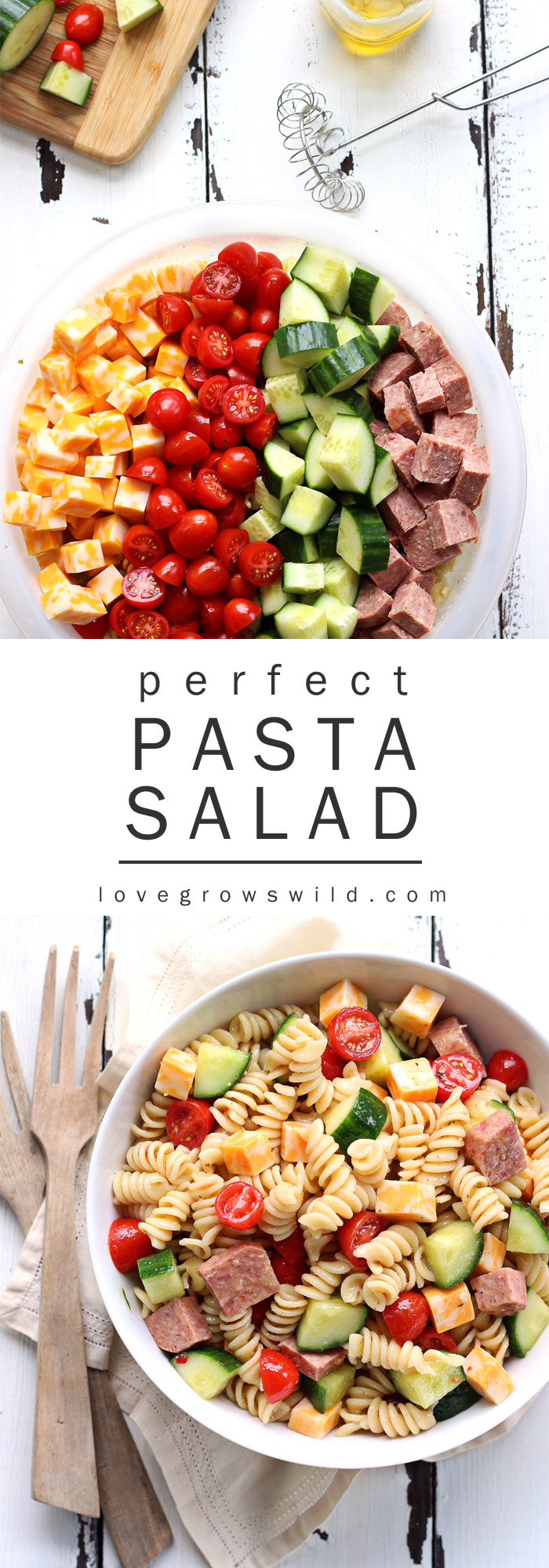 The perfect pasta salad recipe! Tender noodles tossed in a zesty Italian dressing with vegetables, meat, and cheese... great for a potluck or a light meal! | LoveGrowsWild.com