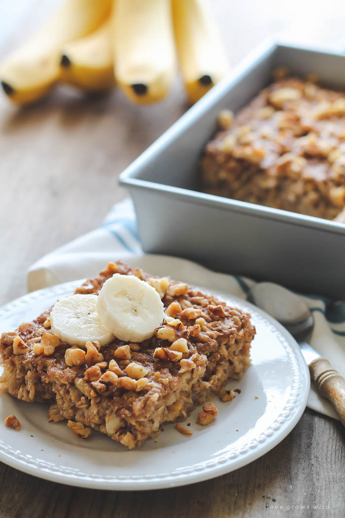 Start your morning with delicious Banana Bread Baked Oatmeal! So easy and tastes like a slice of warm banana bread! | LoveGrowsWild.com