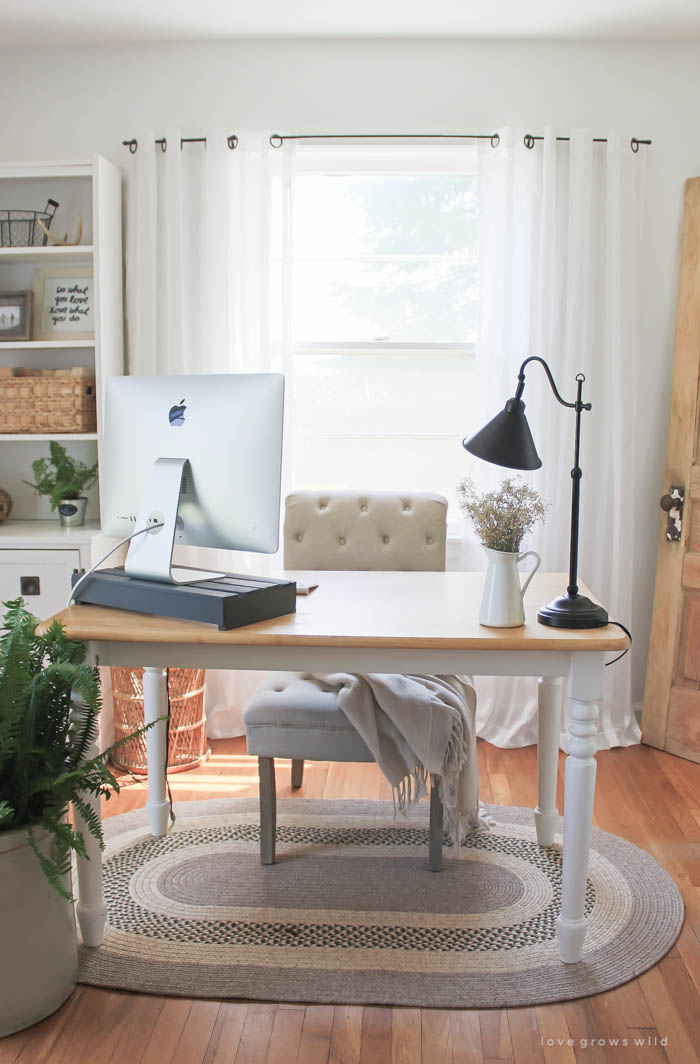 Learn how to hide annoying computer cords from LoveGrowsWild.com - perfect for when you don't want your desk shoved against a wall! 