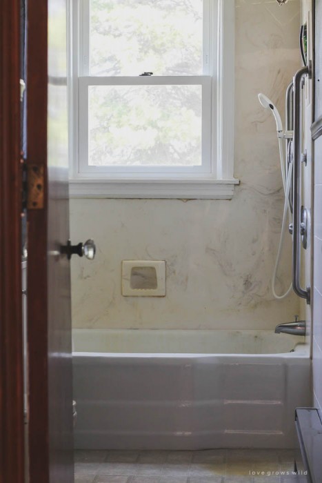 See our plans for transforming this dated, disgusting bathroom into a clean, beautiful space with a touch of farmhouse charm! Follow along with the makeover at LoveGrowsWild.com