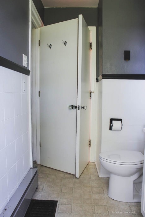 See our plans for transforming this dated, disgusting bathroom into a clean, beautiful space with a touch of farmhouse charm! Follow along with the makeover at LoveGrowsWild.com