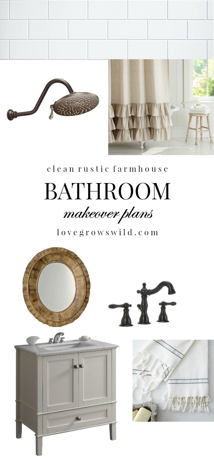 See our plans for transforming this dated, disgusting bathroom into a clean, beautiful space with a touch of farmhouse charm! Follow along with the makeover at LoveGrowsWild.com