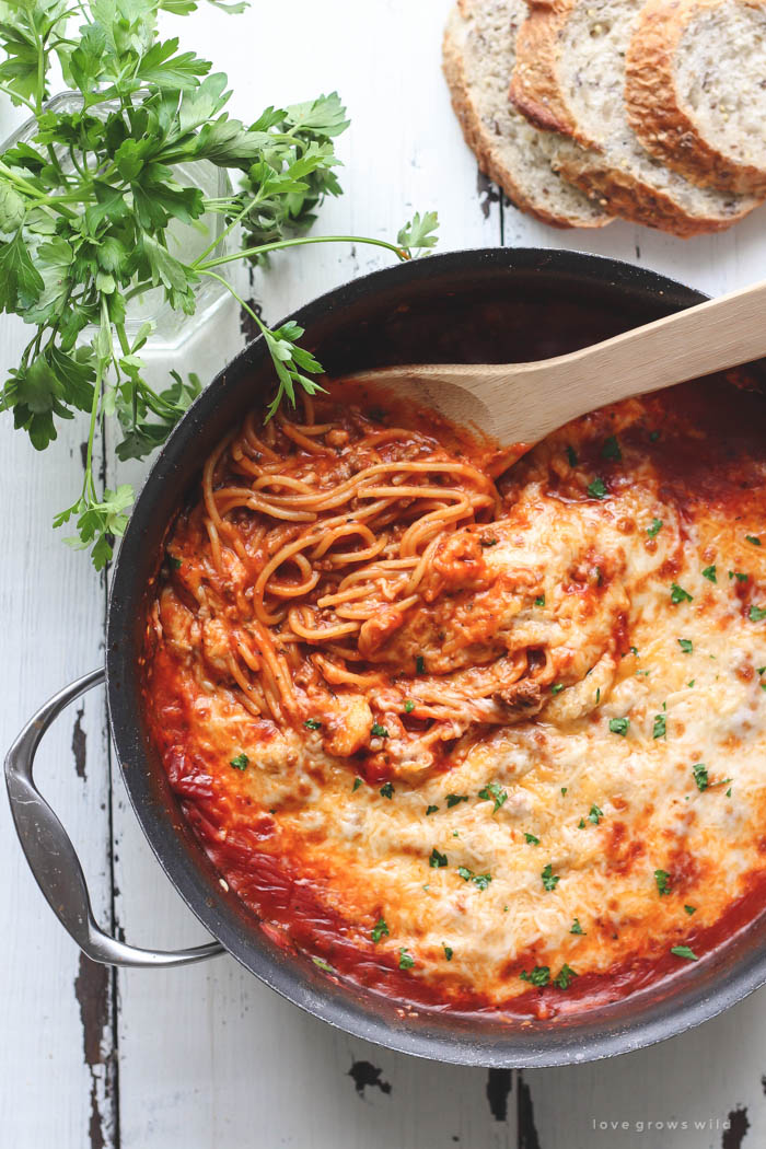 The easiest, most delicious spaghetti you've ever made! Creamy, cheesy, full of flavor, and only one dirty dish to clean! | LoveGrowsWild.com