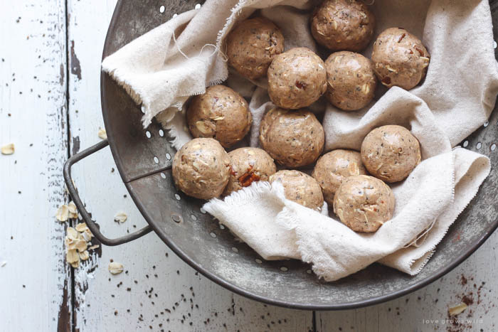 These tasty energy bites are perfect for a pre/post-workout snack or even an on-the-go breakfast! So easy to whip up, and they taste like a delicious peanut butter treat! Get the recipe at LoveGrowsWild.com