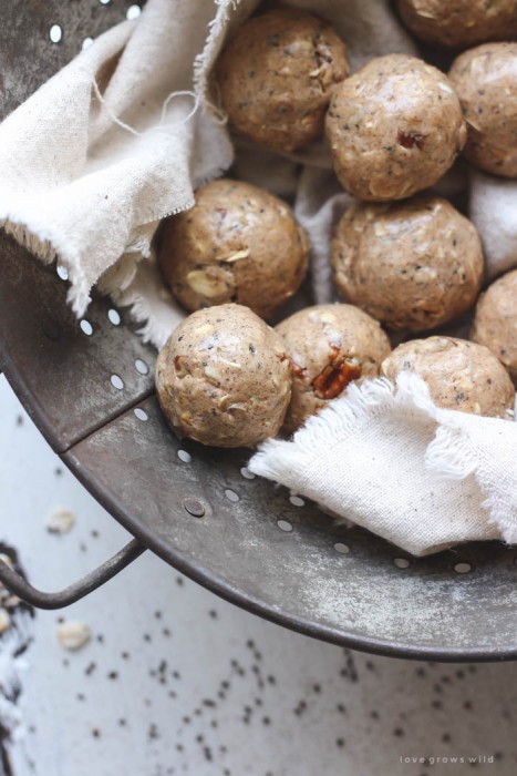 These tasty energy bites are perfect for a pre/post-workout snack or even an on-the-go breakfast! So easy to whip up, and they taste like a delicious peanut butter treat! Get the recipe at LoveGrowsWild.com