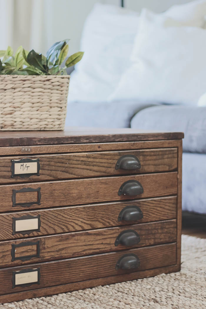 See how this antique blueprint file cabinet gets transformed into a beautiful coffee table at LoveGrowsWild.com