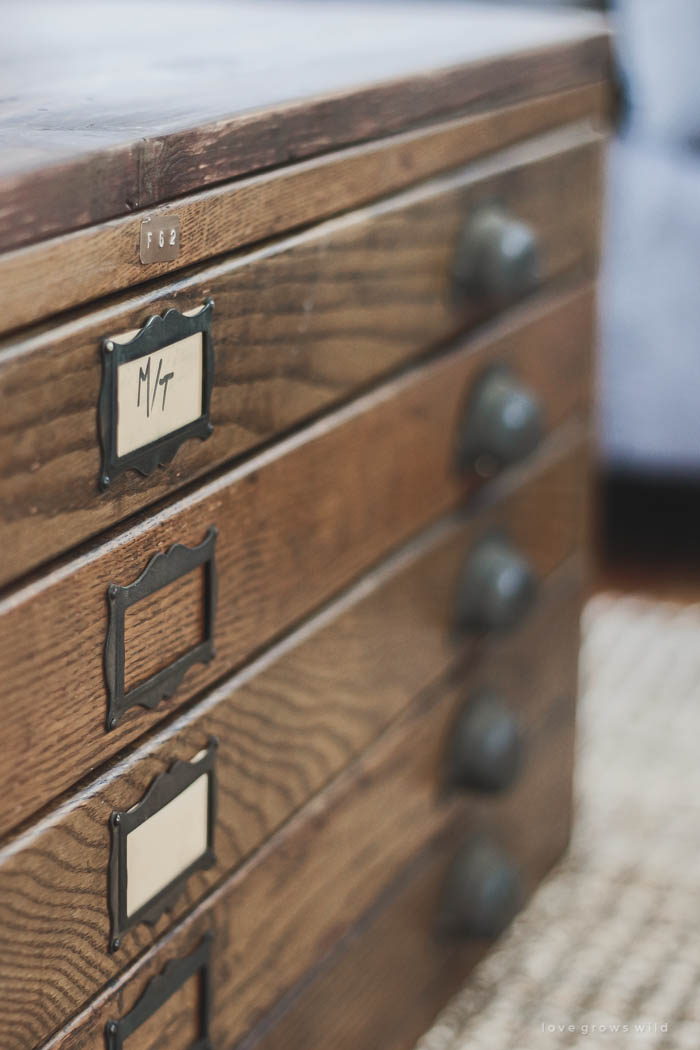 See how this antique blueprint file cabinet gets transformed into a beautiful coffee table at LoveGrowsWild.com