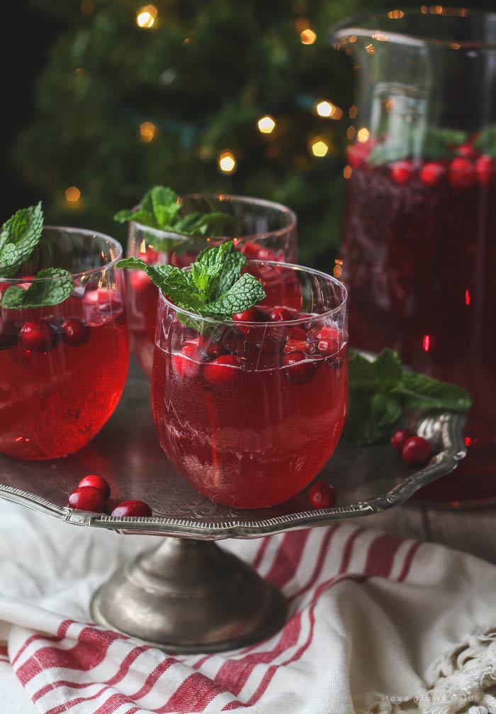 This non-alcoholic Cranberry Holiday Punch is a must for your next holiday party! Serve with cranberries and mint leaves for a beautiful presentation. | LoveGrowsWild.com