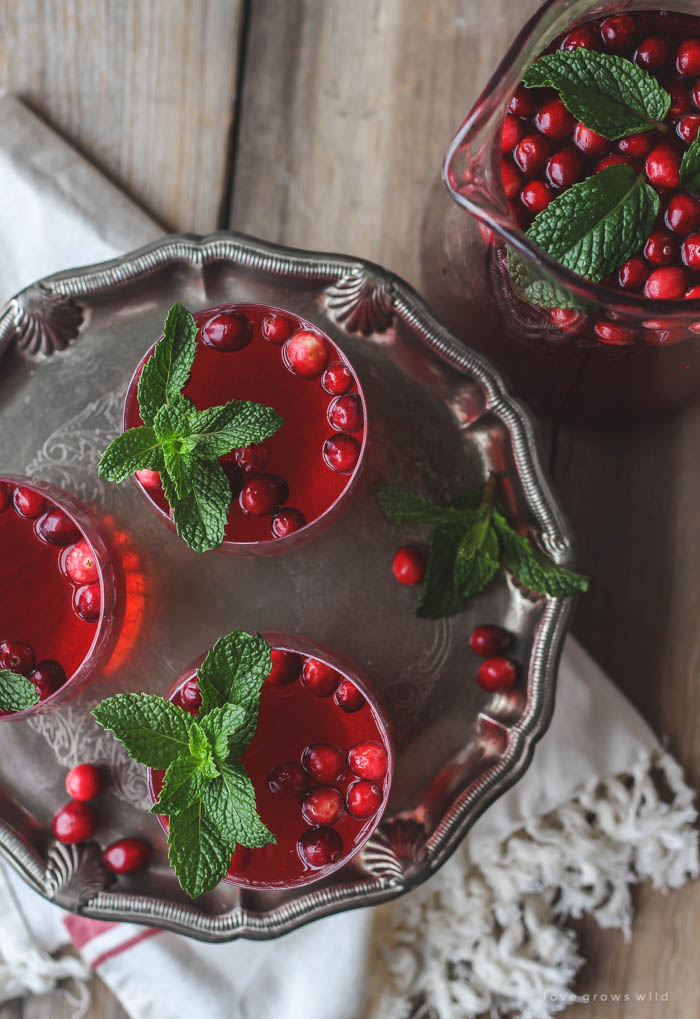 This non-alcoholic Cranberry Holiday Punch is a must for your next holiday party! Serve with cranberries and mint leaves for a beautiful presentation. | LoveGrowsWild.com