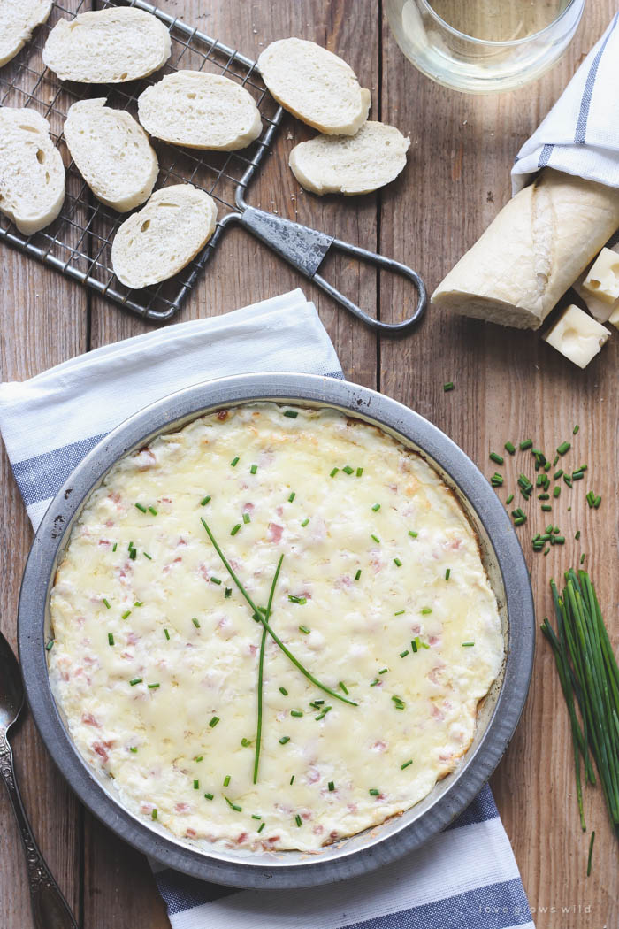 Warm, gooey Swiss cheese and little bites of ham come together this delicious dip that is sure to be the hit of your next party! Get the recipe at LoveGrowsWild.com