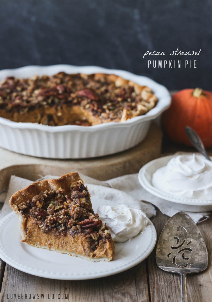 The perfect pumpkin pie topped with a crunchy, sweet pecan streusel! A must-make for the holidays! | LoveGrowsWild.com