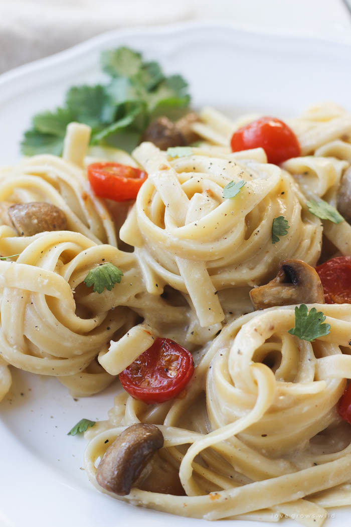 Creamy Garlic Pasta with Roasted Vegetables - Love Grows Wild