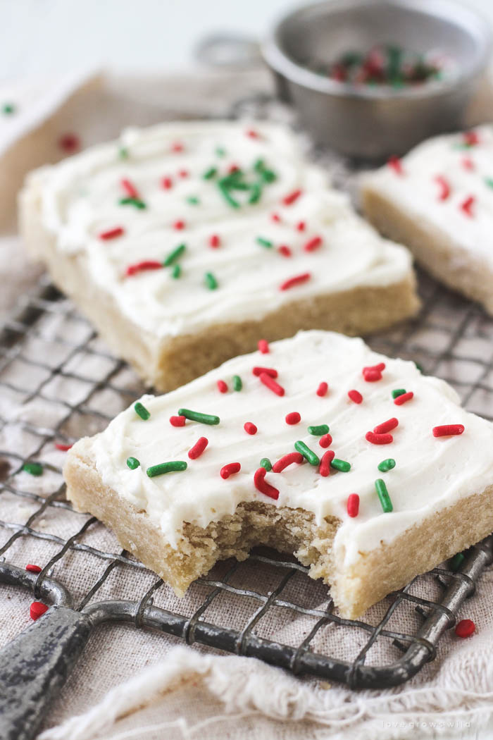 Perfectly sweet, soft and tender, easy to make Frosted Sugar Cookie Bars! | LoveGrowsWild.com