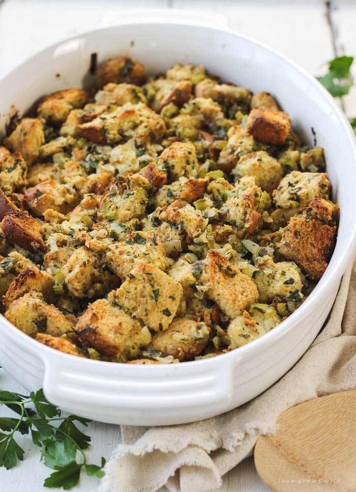 This simple stuffing recipe is a MUST for the holidays! Get the recipe at LoveGrowsWild.com