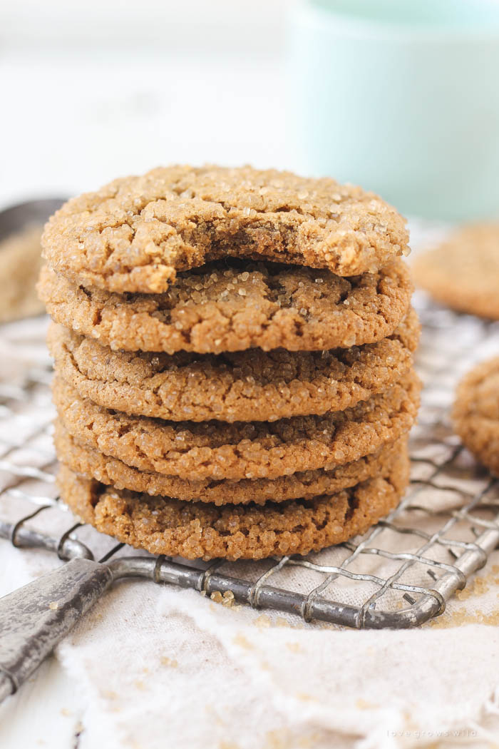 Perfectly chewy, soft and sweet Molasses Cookies! Easy to bake and SO good! Get the recipe at LoveGrowsWild.com