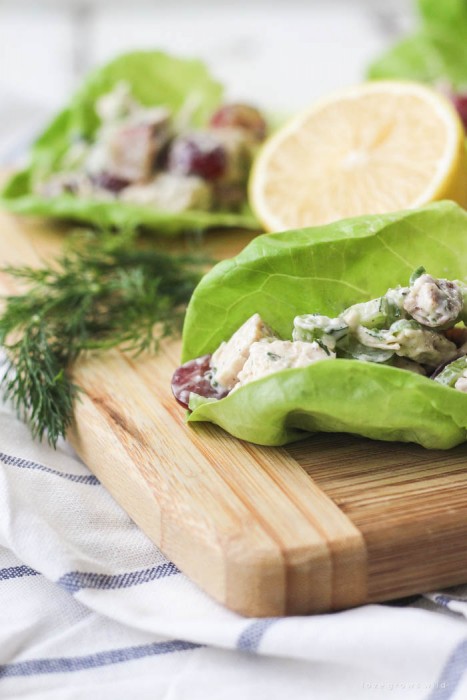 Skip the bread and enjoy this delicious homemade chicken salad wrapped in lettuce! Light, lean and so tasty! | LoveGrowsWild.com