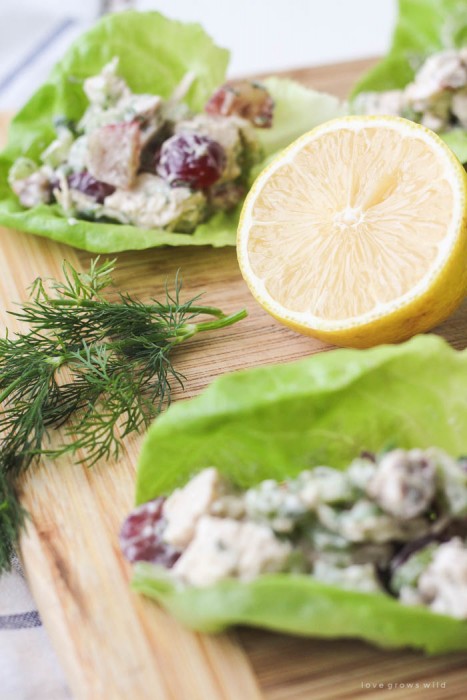 Skip the bread and enjoy this delicious homemade chicken salad wrapped in lettuce! Light, lean and so tasty! | LoveGrowsWild.com