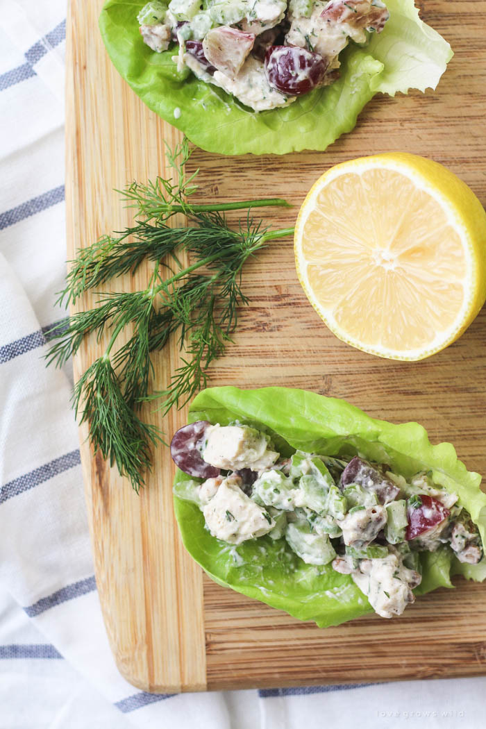 Skip the bread and enjoy this delicious homemade chicken salad wrapped in lettuce! Light, lean and so tasty! | LoveGrowsWild.com