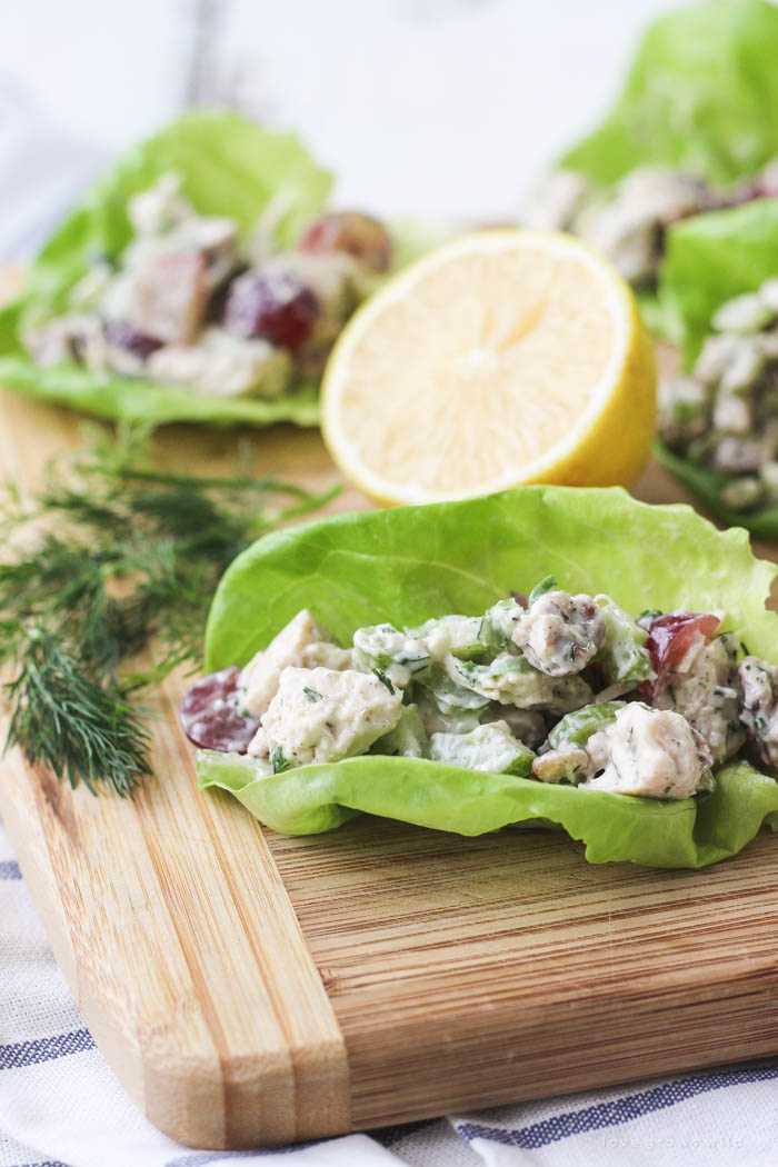 Skip the bread and enjoy this delicious homemade chicken salad wrapped in lettuce! Light, lean and so tasty! | LoveGrowsWild.com