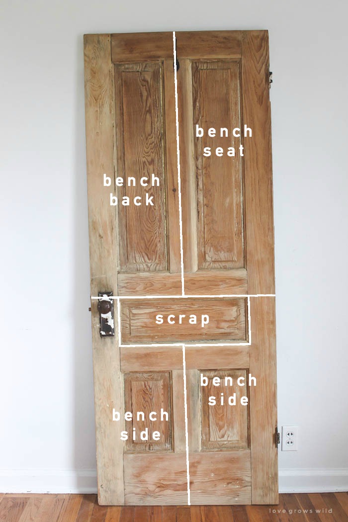 See how an old wood door transforms into a gorgeous, rustic bench! Get the full tutorial on LoveGrowsWild.com