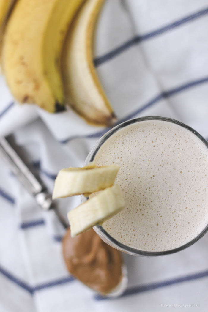 This quick and easy Peanut Butter Banana Smoothie makes a great healthy breakfast or snack! Peanut butter lovers... this is the smoothie for you! | LoveGrowsWild.com