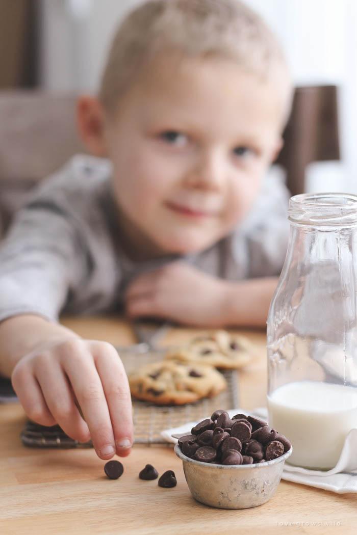 Zachte, kauwbare chocolate chip cookies gebakken met stukjes karamel en pecannoten binnenin! Get the recipe at LoveGrowsWild.com