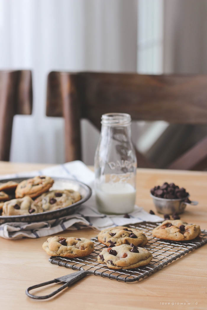 Biscuits moelleux aux pépites de chocolat cuits au four avec des morceaux de caramel et des noix de pécan à l'intérieur ! Obtenez la recette sur LoveGrowsWild.com