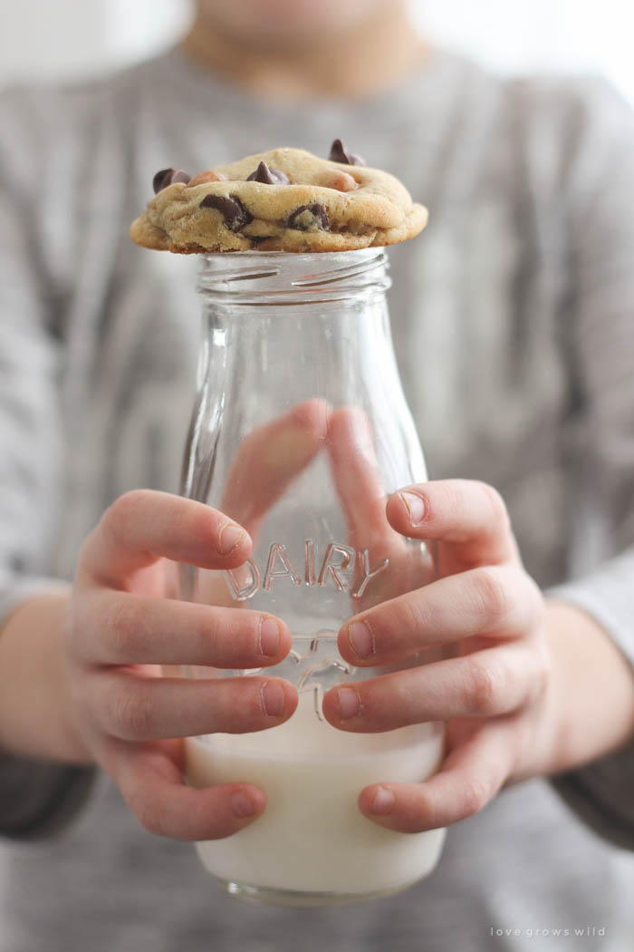 Biscuiți moi, cu chipsuri de ciocolată, moi și masticabili, coapte cu bucățele de caramel și nuci pecan în interior! Obțineți rețeta pe LoveGrowsWild.com