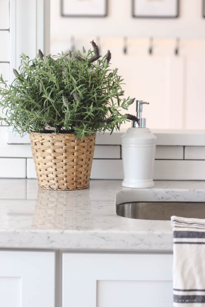 Follow along the makeover of this beautiful farmhouse kitchen! In this post, Liz shares the countertops she picked and why. Click for more photos and details!