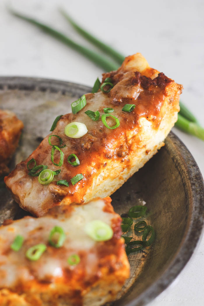 This Toasted Chili Cheese Bread is the perfect quick appetizer and SO delicious! Tons of gooey cheese with a spicy kick of chili! Recipe at LoveGrowsWild.com