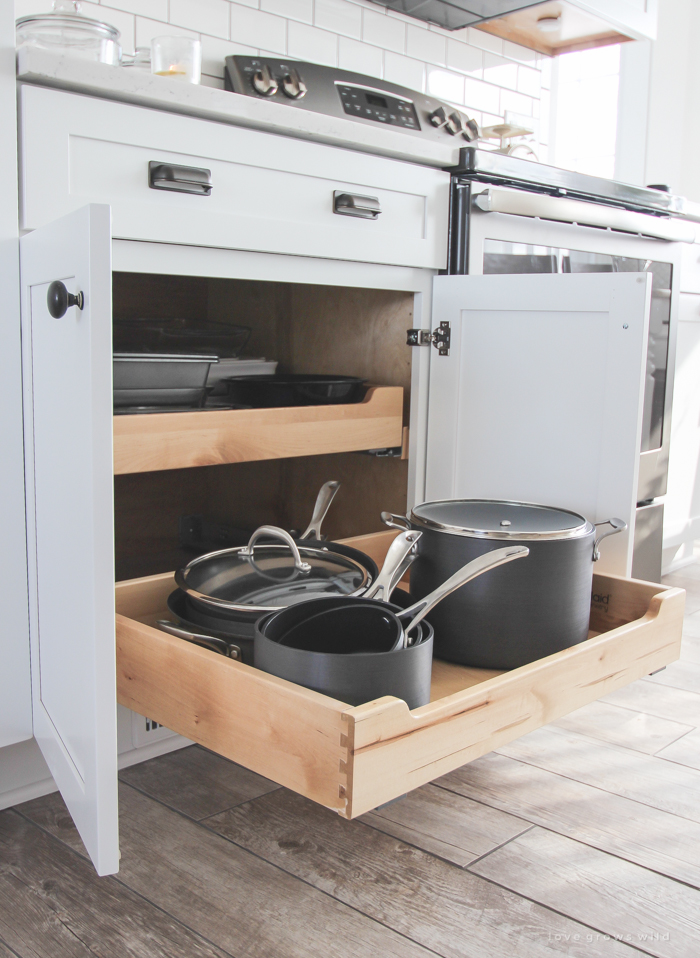 Follow along the makeover of this beautiful farmhouse kitchen! In this post, Liz shares the cabinets and hardware she used. Click for more photos and details!