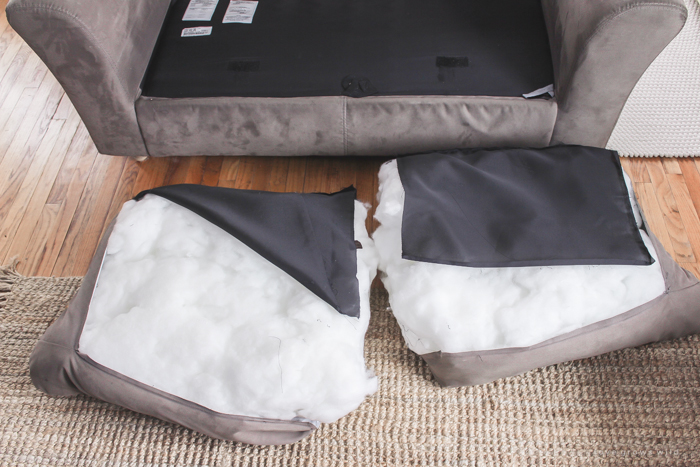 Are your sofa cushions attached to the frame? See how this blogger detached and separated them to prepare her couch for custom slipcovers!