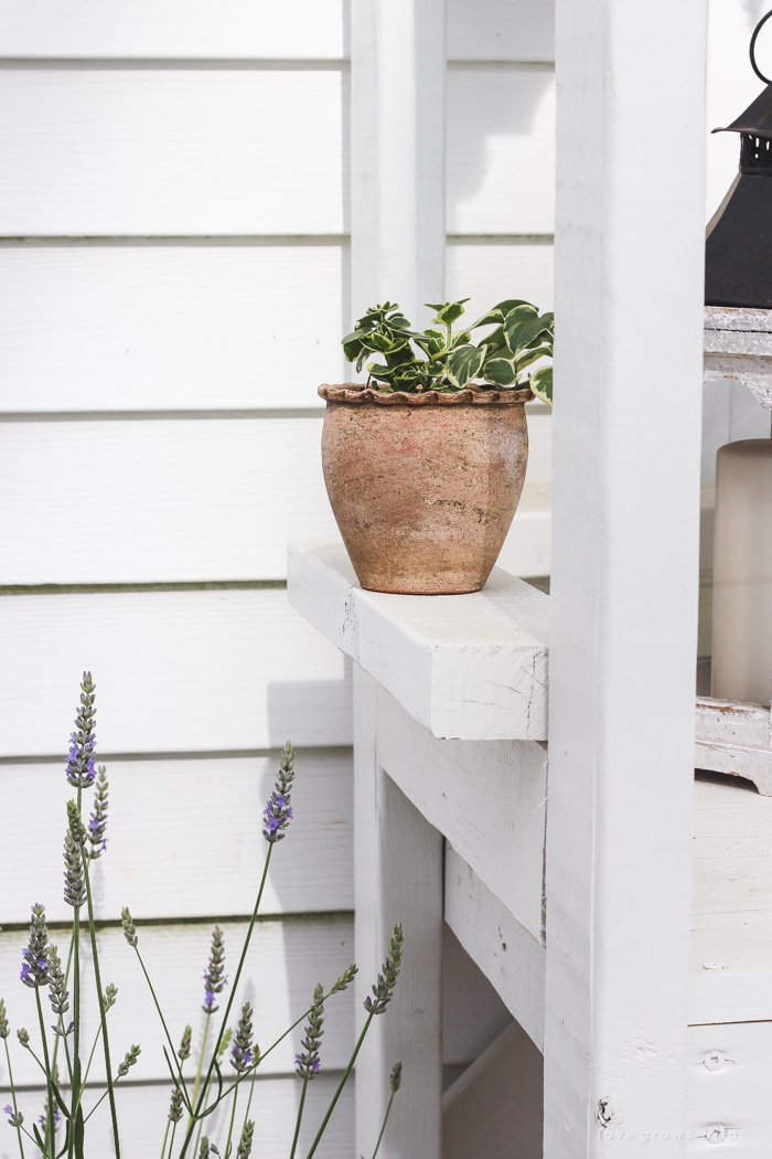 This stunning DIY potting bench is full of charm and perfect for a deck or patio! Use it to hold pots and gardening tools or as a beverage cart when entertaining guests! Full how-to at LoveGrowsWild.com