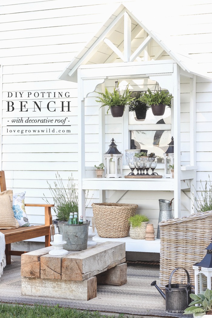 This stunning DIY potting bench is full of charm and perfect for a deck or patio! Use it to hold pots and gardening tools or as a beverage cart when entertaining guests! Full how-to at LoveGrowsWild.com