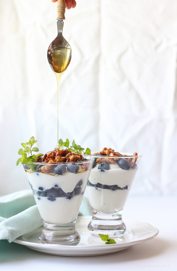 Lemon-infused Greek yogurt topped with fresh blueberries and toasted honey-glazed walnuts makes the perfect healthy breakfast for busy mornings!