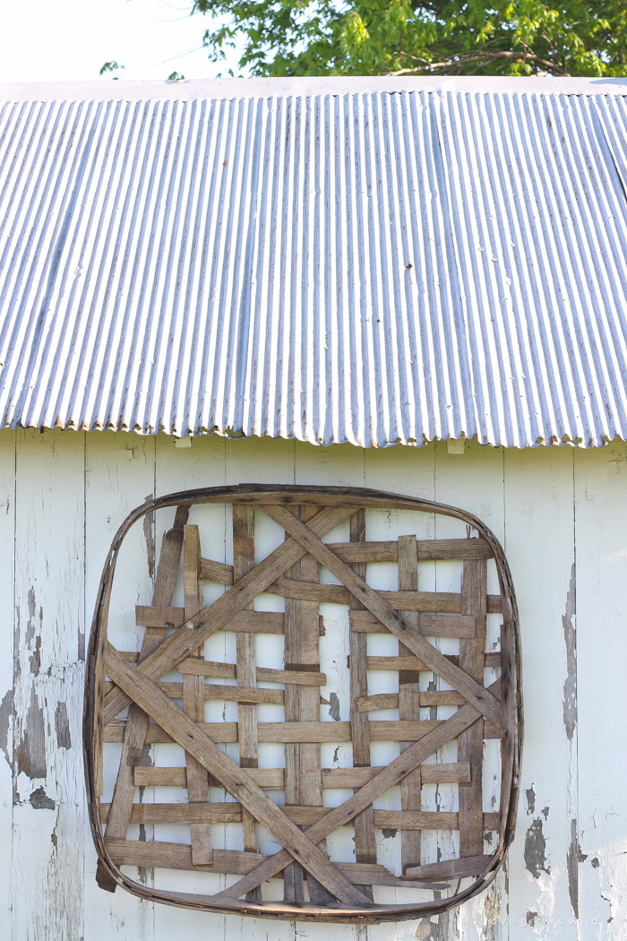 Outdoor decorating ideas including urn planters, an antique tobacco basket, boxwood topiaries and more! See more of this charming white barn at LoveGrowsWild.com