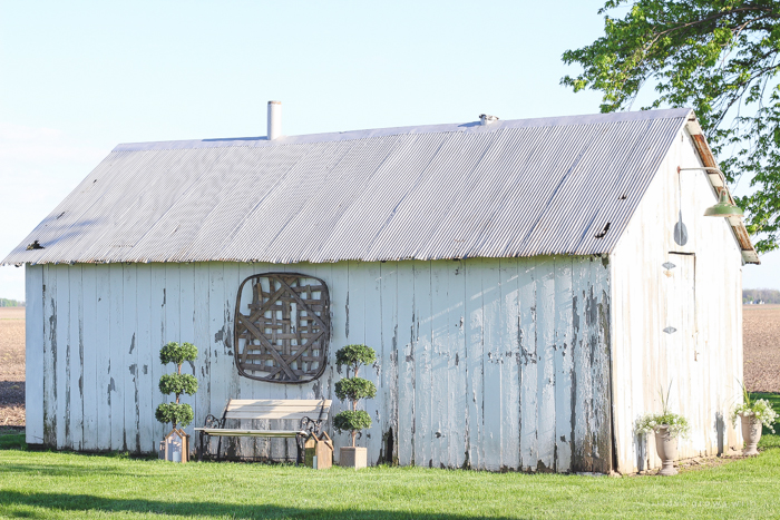 Outdoor decorating ideas including urn planters, an antique tobacco basket, boxwood topiaries and more! See more of this charming white barn at LoveGrowsWild.com